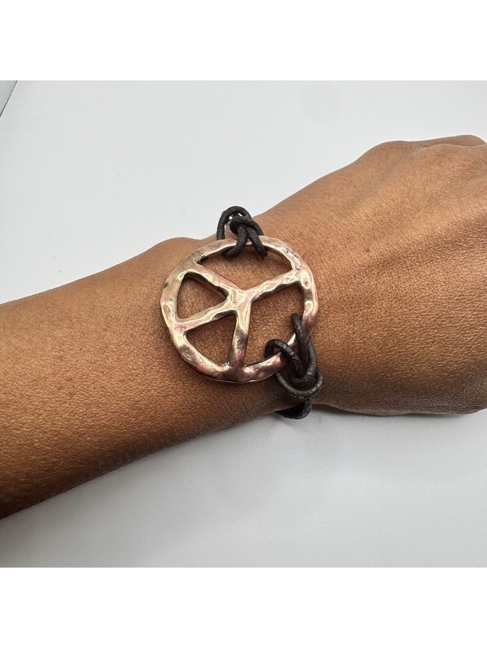 Handmade Vintage Copper Tone Peace Sign Leather Cord Bracelet Boho Hippie 6-7 in